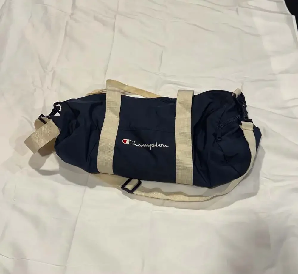 Champion Navy Blue and Cream Canvas Duffle Gym Bag with Adjustable Strap